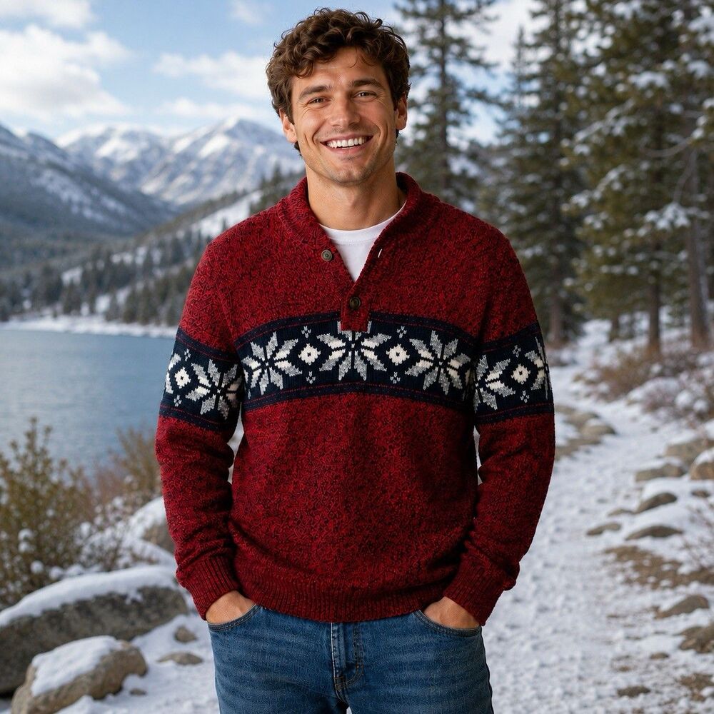 American Eagle Sweater Men XL Red Winter Ski Nordic Snowflake Fair Isle Henley